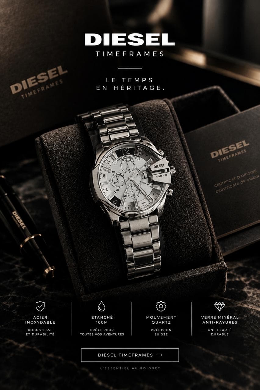 Diesel Timeframes, vue de trois quarts, chronographe en acier